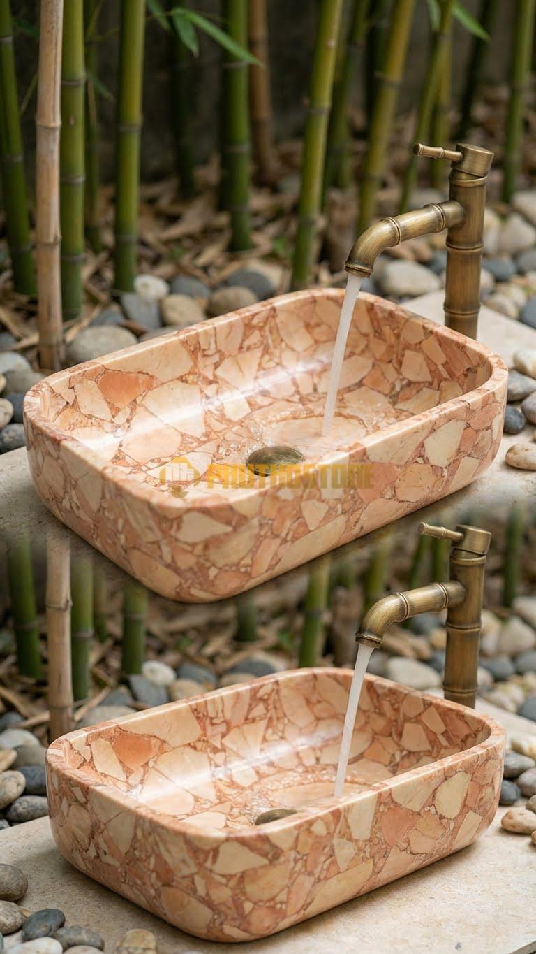 Chậu Rửa (Lavabo) Đá Đá Hồng Chữ Nhật Vát 58 cm x 38 cm x 11cm