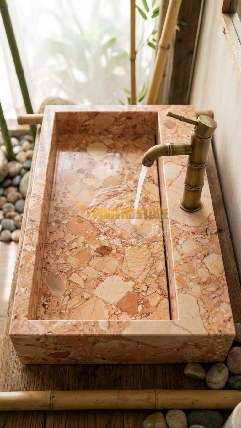 Chậu Rửa (Lavabo) Đá Đá Hồng Dài 39 x 25 Cao 12 Có Chỗ Đặt Trụ