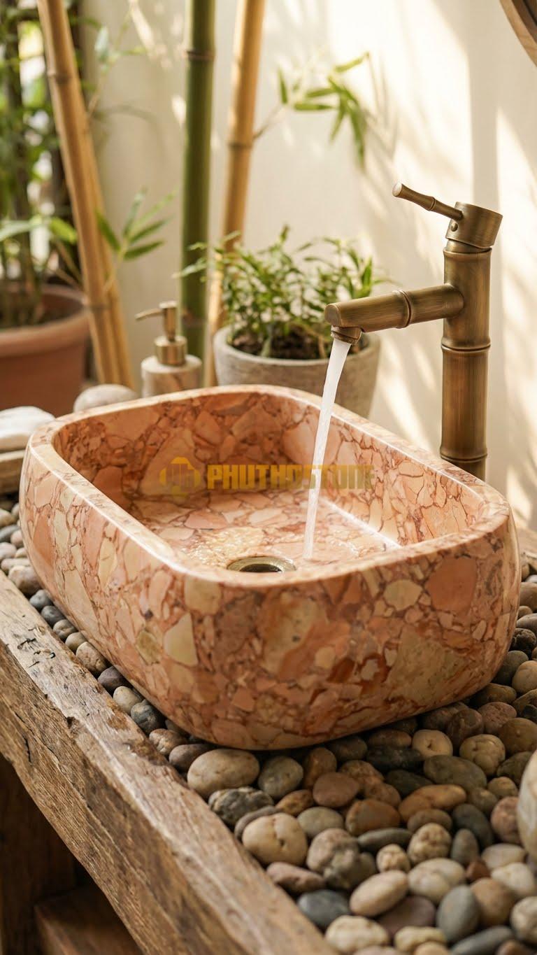 Chậu Rửa (Lavabo) Đá Đá Hồng Lavabo Chữ Nhật Cong Bụng 13cm