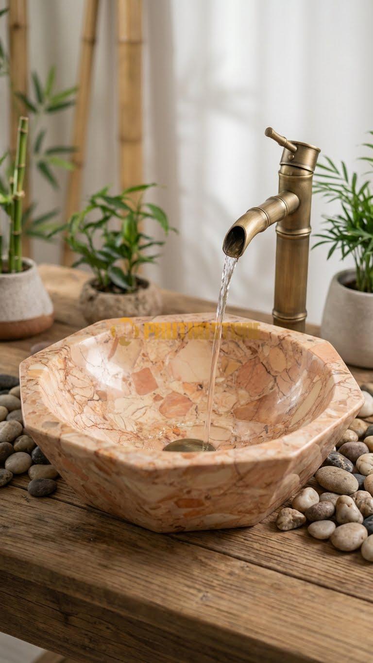 Chậu Rửa (Lavabo) Đá Đá Hồng Lavabo Đa Giác Bo Tròn Cao 12cm