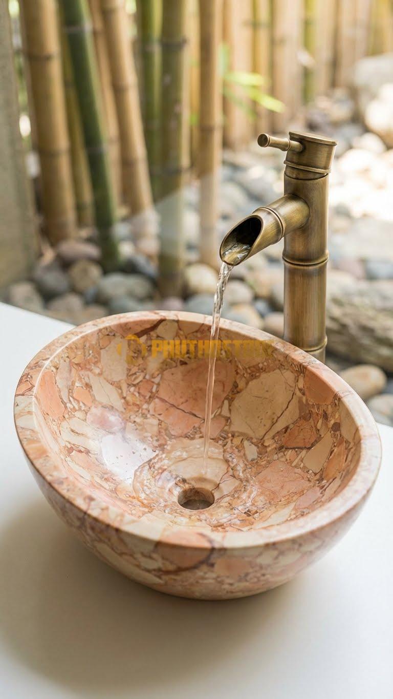 Chậu Rửa (Lavabo) Đá Đá Hồng Oval Lệch Tâm Cao 14cm