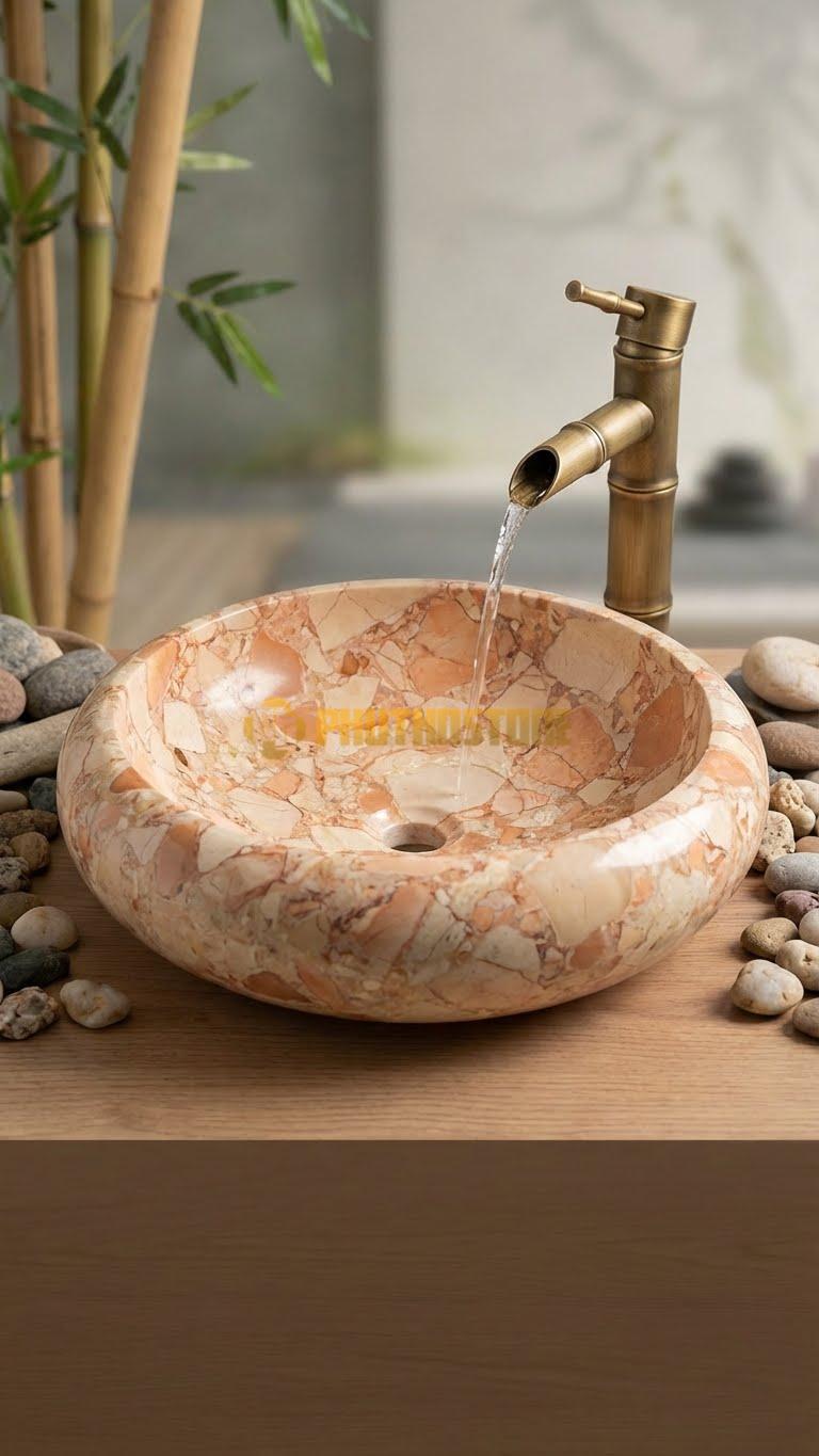 Chậu Rửa (Lavabo) Đá Đá Hồng Tròn 41 Cao 14