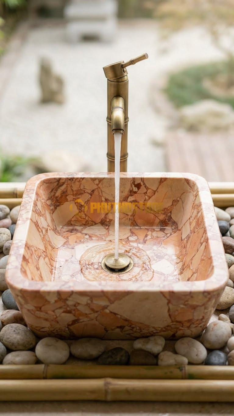 Chậu Rửa (Lavabo) Đá Đá Hồng Vuông Vát 44 cm x 44 cm x 14 cm