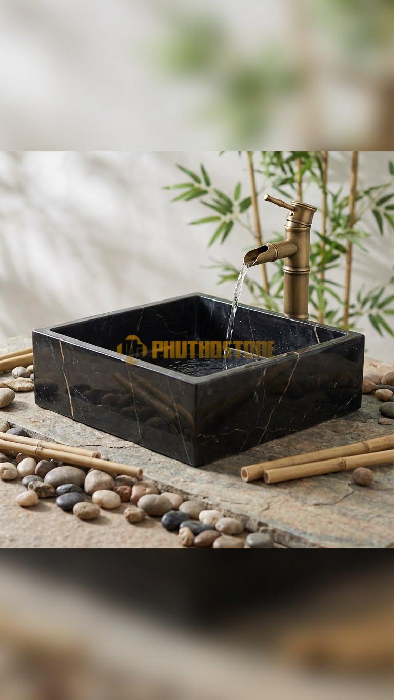 Chậu Rửa (Lavabo) Đá Đen Chỉ Nâu 41x41x14