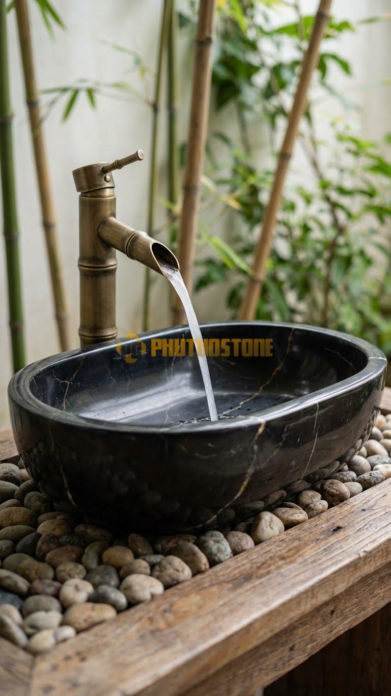 Chậu Rửa (Lavabo) Đá Đen Chỉ Nâu Bầu Dục 52 cm x 41 cm x 16 cm