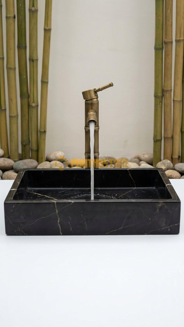 Chậu Rửa (Lavabo) Đá Đen Chỉ Nâu Chữ Nhật Vát 58 cm x 38 cm x 11cm