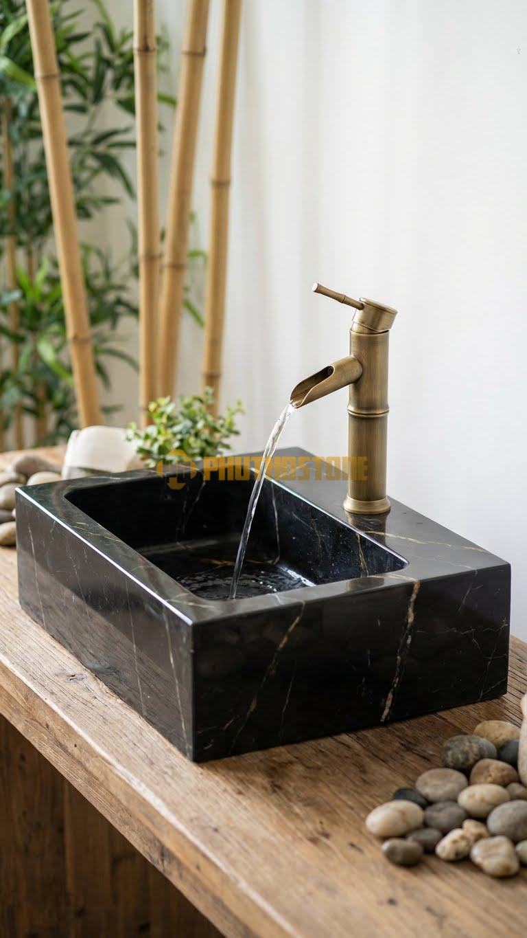 Chậu Rửa (Lavabo) Đá Đen Chỉ Nâu Dài 39 x 25 Cao 12 Có Chỗ Đặt Trụ
