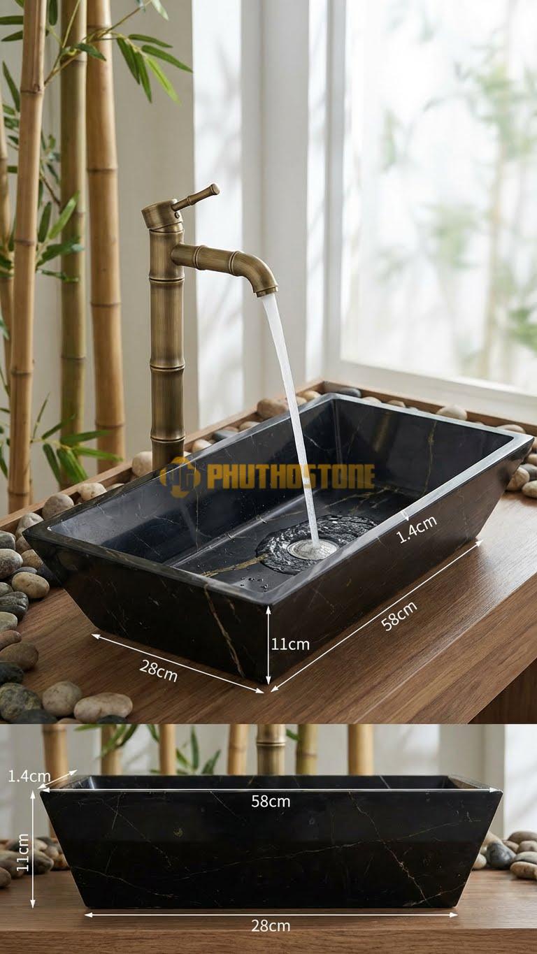 Chậu Rửa (Lavabo) Đá Đen Chỉ Nâu Hình Thang 58X38X11cm