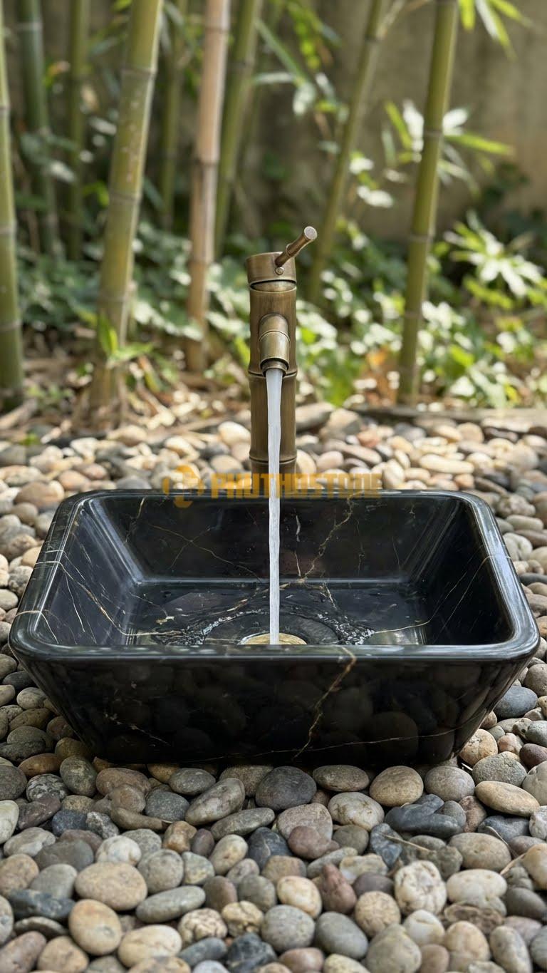 Chậu Rửa (Lavabo) Đá Đen Chỉ Nâu Hình Thang Bo Viền 58X38X11cm