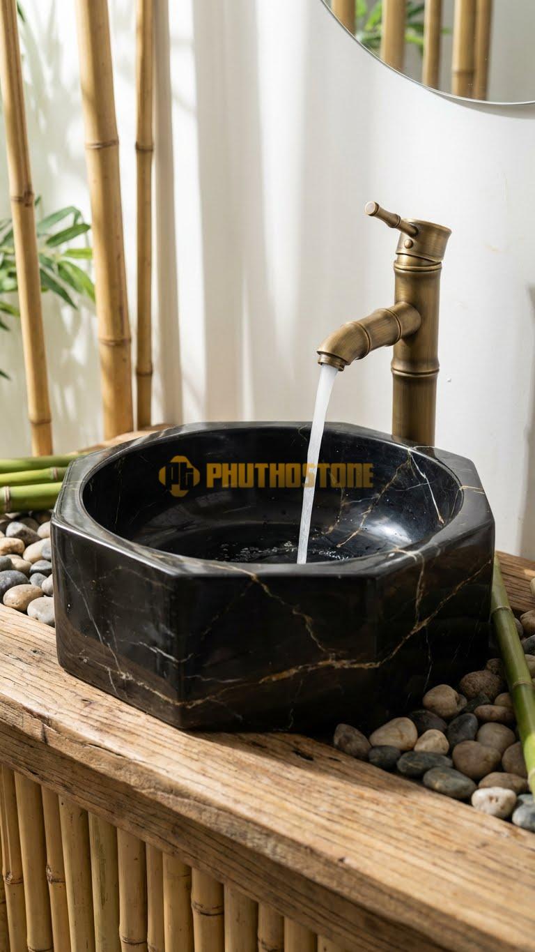 Chậu Rửa (Lavabo) Đá Đen Chỉ Nâu Lavabo Đa Giác Bo Tròn Cao 12cm