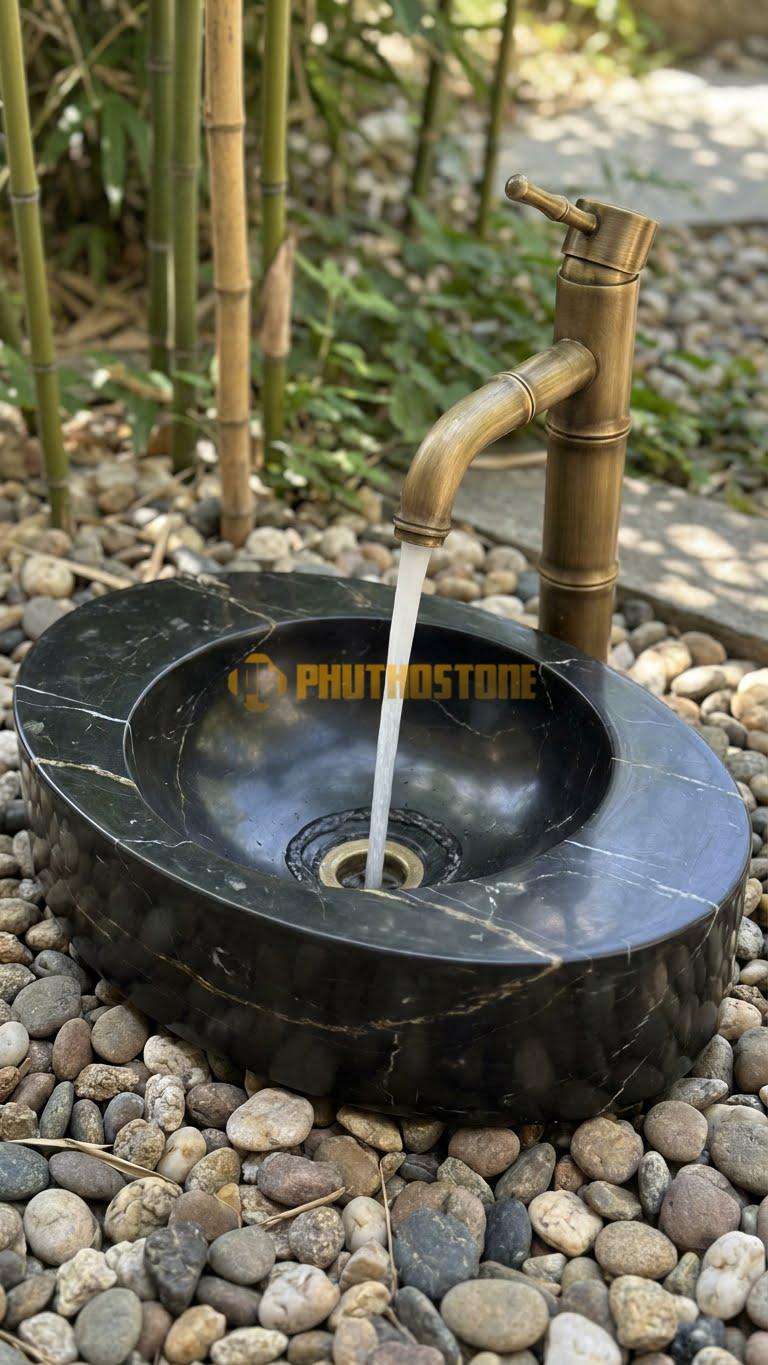 Chậu Rửa (Lavabo) Đá Đen Chỉ Nâu Lavabo Oval Bo Cạnh Ngoài – Lòng Tròn 14cm