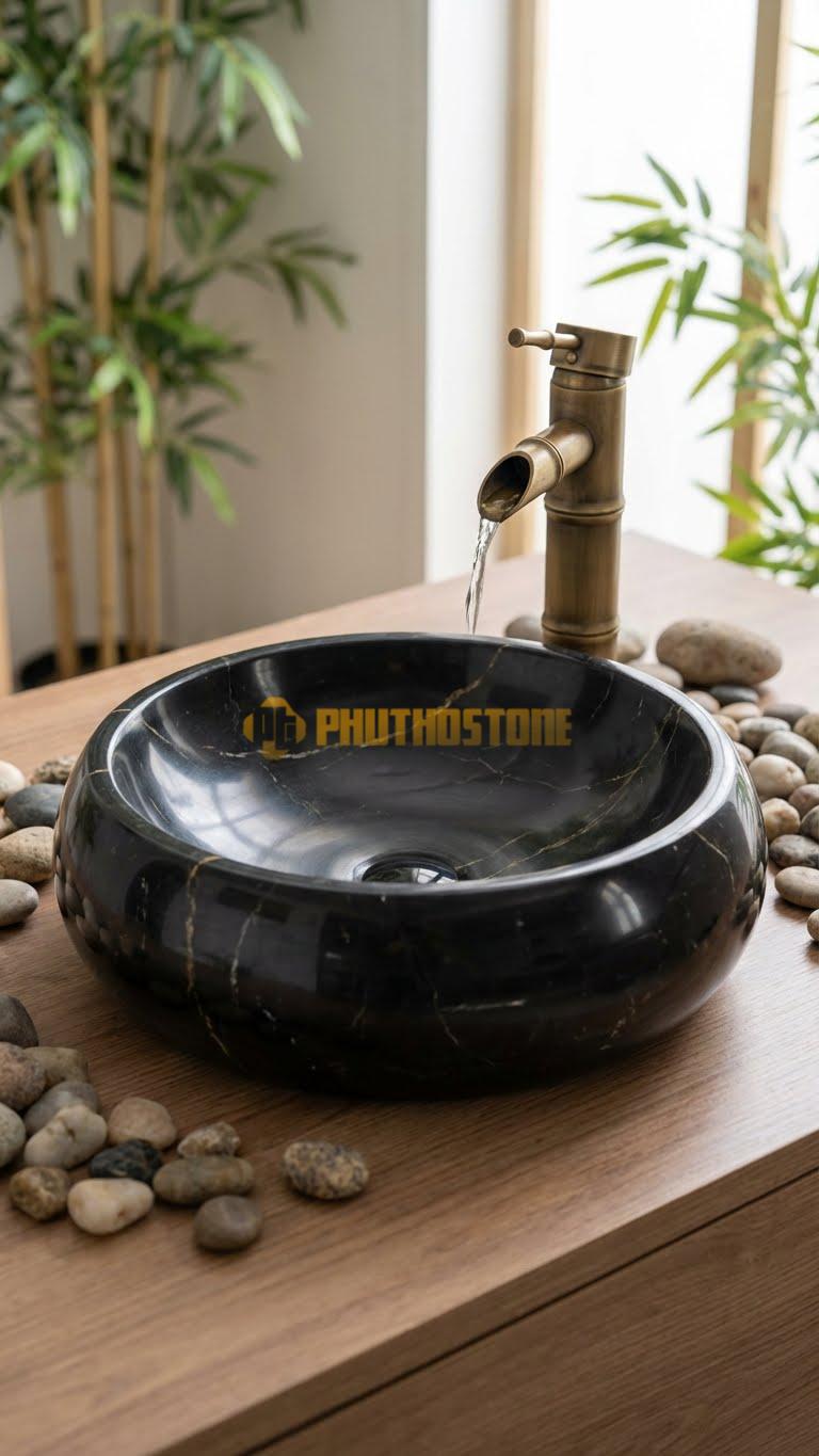 Chậu Rửa (Lavabo) Đá Đen Chỉ Nâu Tròn 41 Cao 14