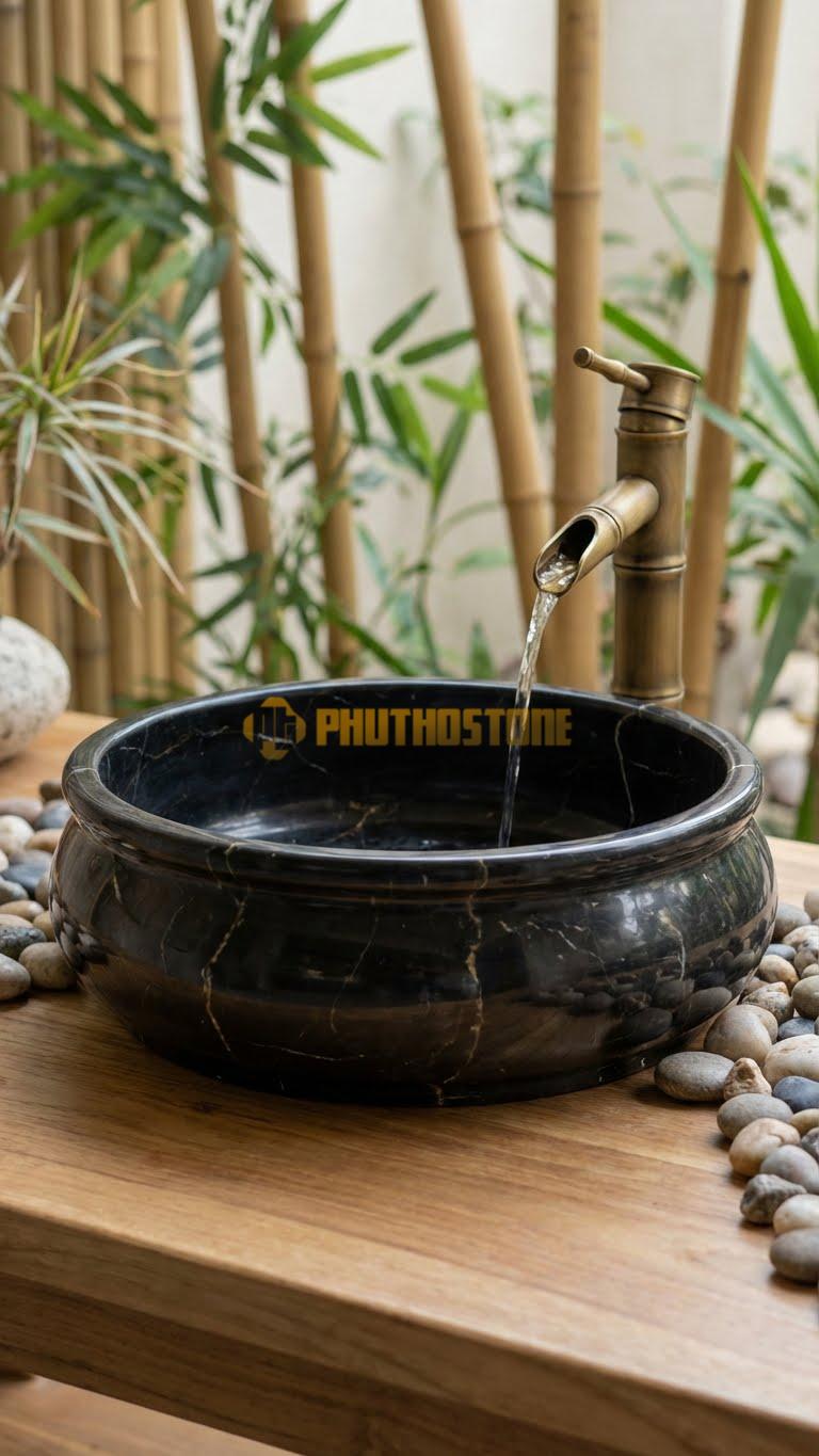 Chậu Rửa (Lavabo) Đá Đen Chỉ Nâu Tròn Có Phào 41 Cao 14
