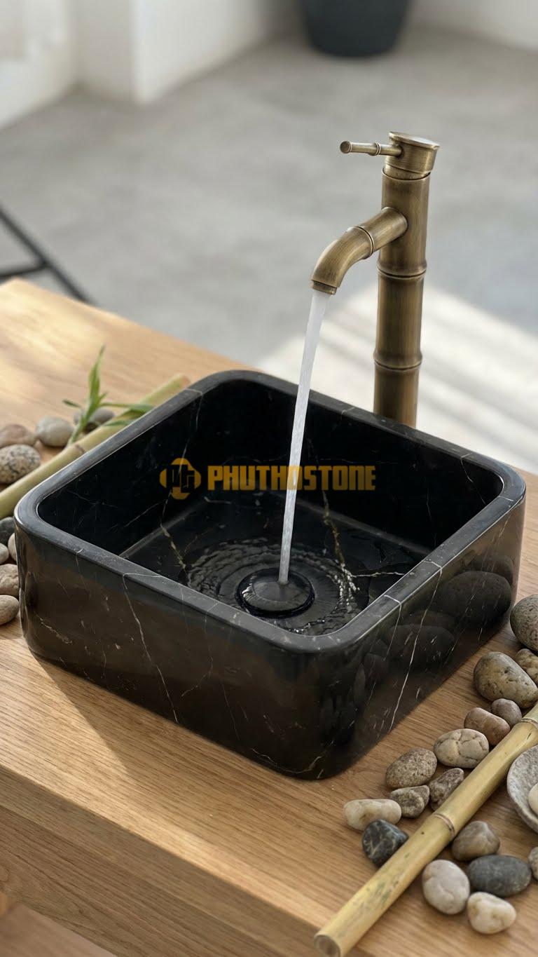 Chậu Rửa (Lavabo) Đá Đen Chỉ Nâu Vuông 41 Cao 14cm