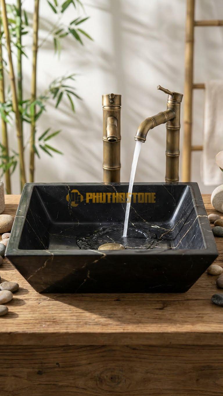 Chậu Rửa (Lavabo) Đá Đen Chỉ Nâu Vuông Vát 44 cm x 44 cm x 14 cm