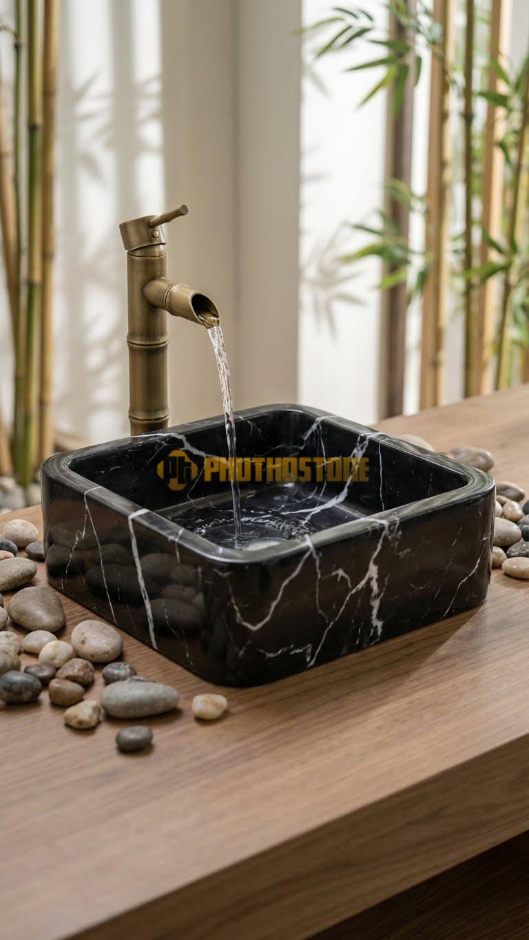 Chậu Rửa (Lavabo) Đá Đen Tia Chớp 41x41x14