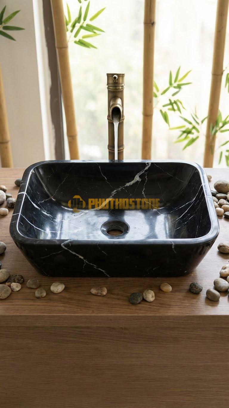 Chậu Rửa (Lavabo) Đá Đen Tia Chớp Chữ Nhật Vát 58 cm x 38 cm x 11cm