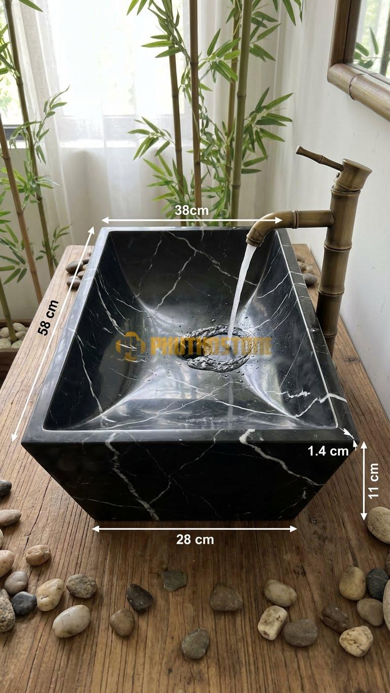 Chậu Rửa (Lavabo) Đá Đen Tia Chớp Hình Thang 58X38X11cm