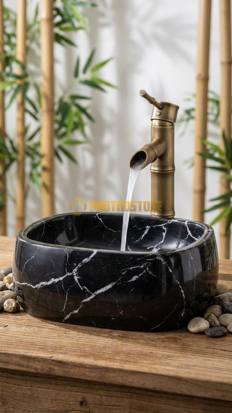 Chậu Rửa (Lavabo) Đá Đen Tia Chớp Lavabo Chữ Nhật Cong Bụng 13cm