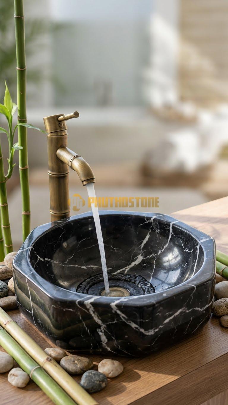 Chậu Rửa (Lavabo) Đá Đen Tia Chớp Lavabo Đa Giác Bo Tròn Cao 12cm