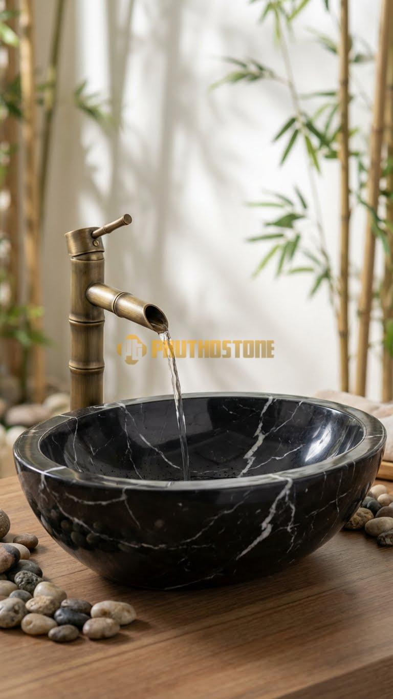 Chậu Rửa (Lavabo) Đá Đen Tia Chớp Lavabo Elip Sâu Cao 16cm