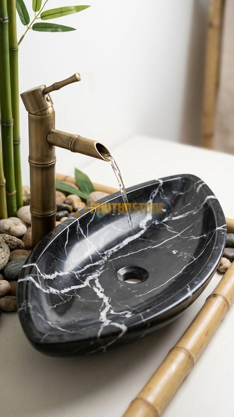 Chậu Rửa (Lavabo) Đá Đen Tia Chớp Lavabo Hình Lá Tre Cách Điệu 12cm