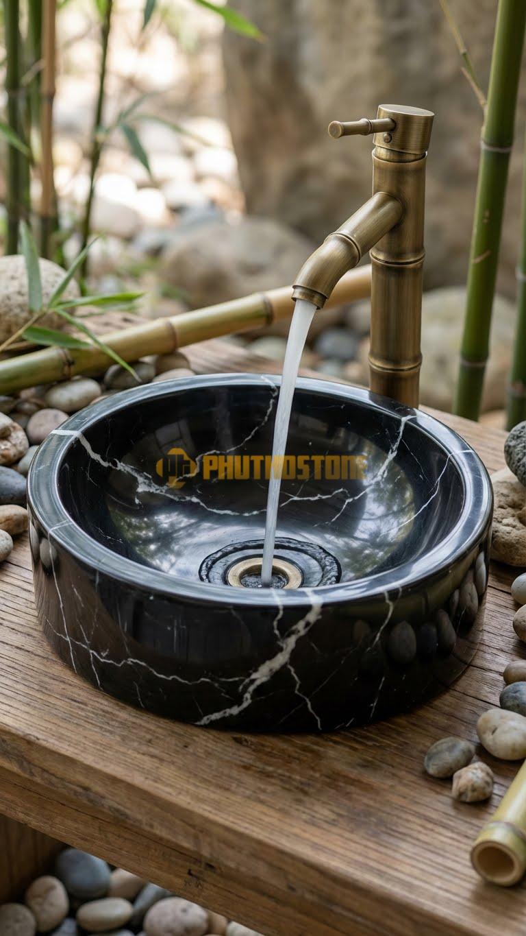 Chậu Rửa (Lavabo) Đá Đen Tia Chớp Lavabo Oval Bo Cạnh Ngoài – Lòng Tròn 14cm