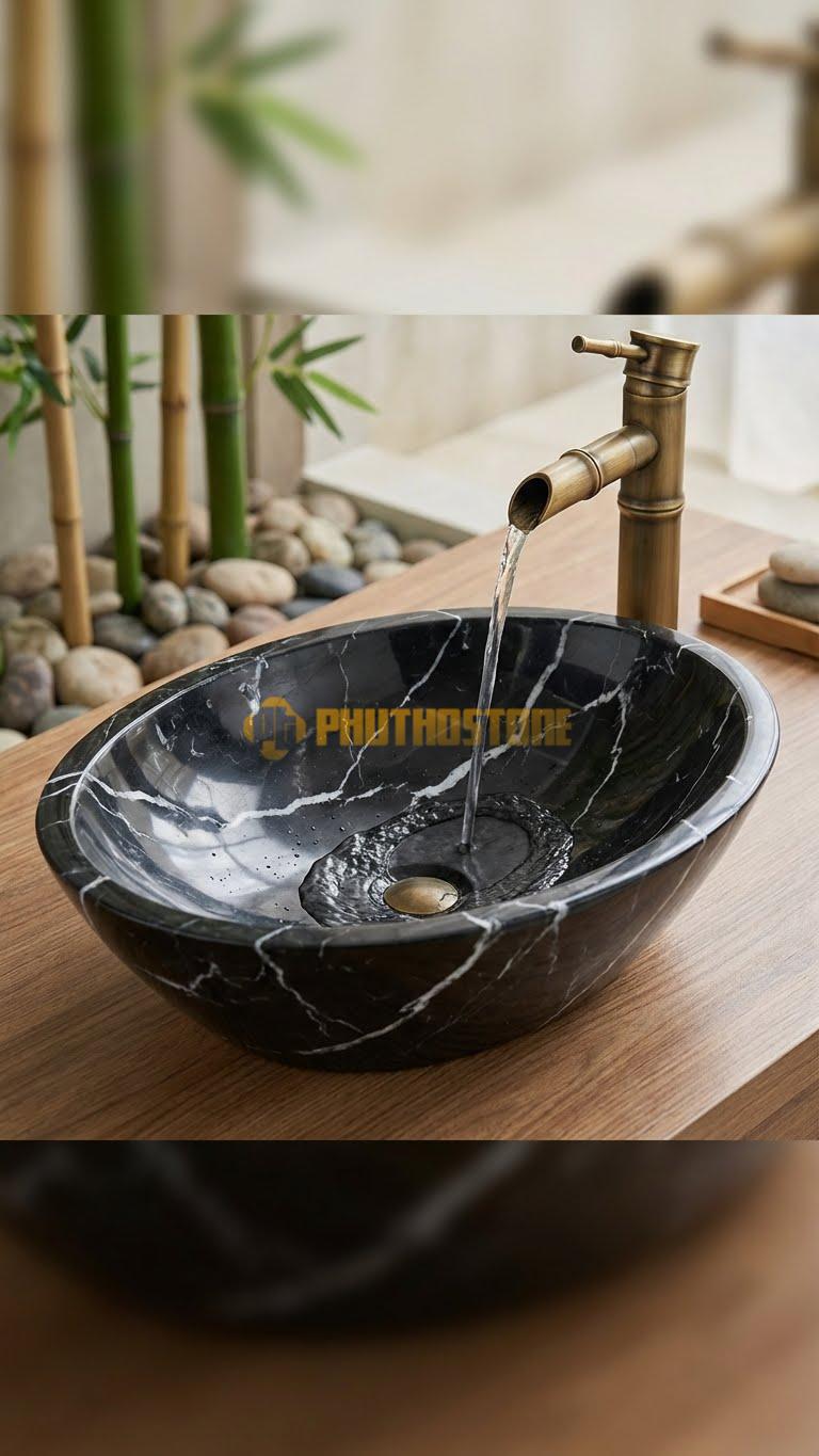 Chậu Rửa (Lavabo) Đá Đen Tia Chớp Lavabo Oval Vát Đáy Phẳng Nhỏ 15cm