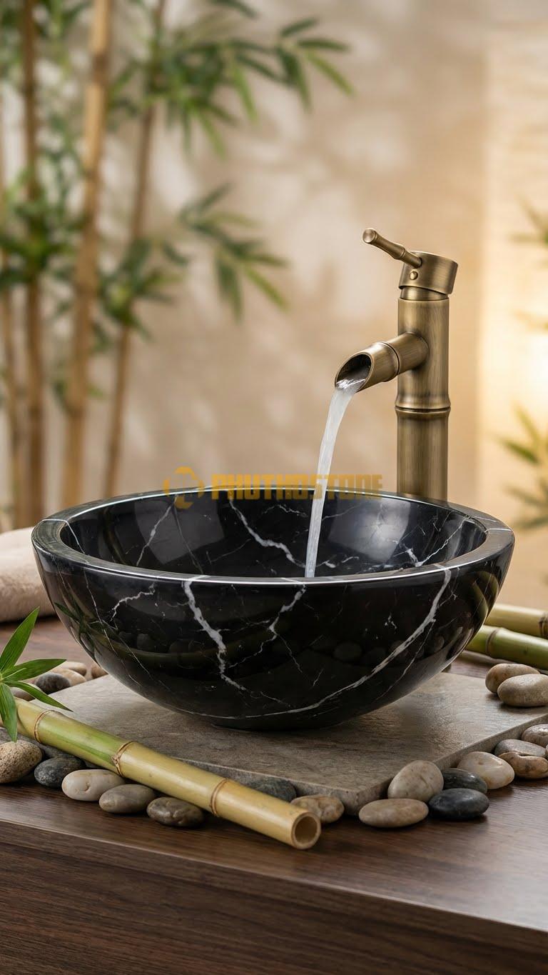 Chậu Rửa (Lavabo) Đá Đen Tia Chớp Lavabo Tròn Nhưng Đáy Nổi14cm
