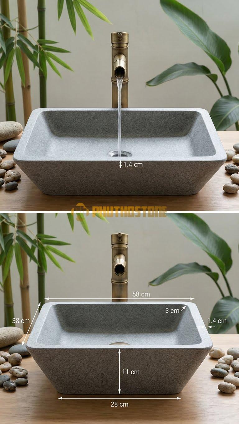 Chậu Rửa (Lavabo) Đá Granite Hình Thang Bo Viền 58X38X11cm