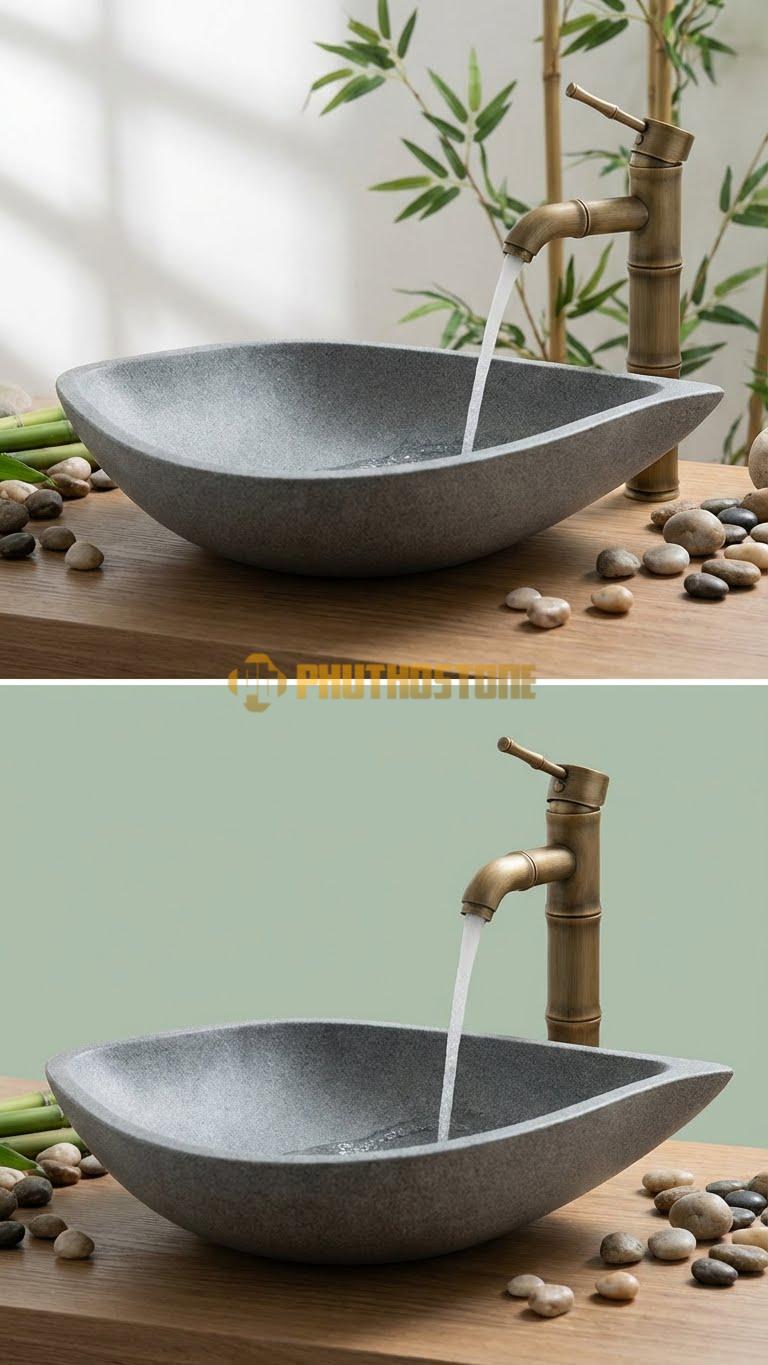 Chậu Rửa (Lavabo) Đá Granite Lavabo Hình Lá Tre Cách Điệu 12cm