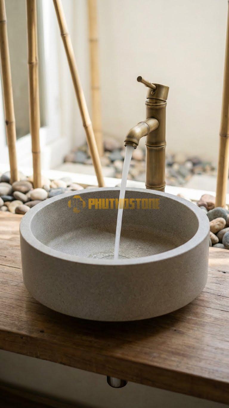 Chậu Rửa (Lavabo) Đá Granite Lavabo Tròn Nhưng Đáy Nổi14cm