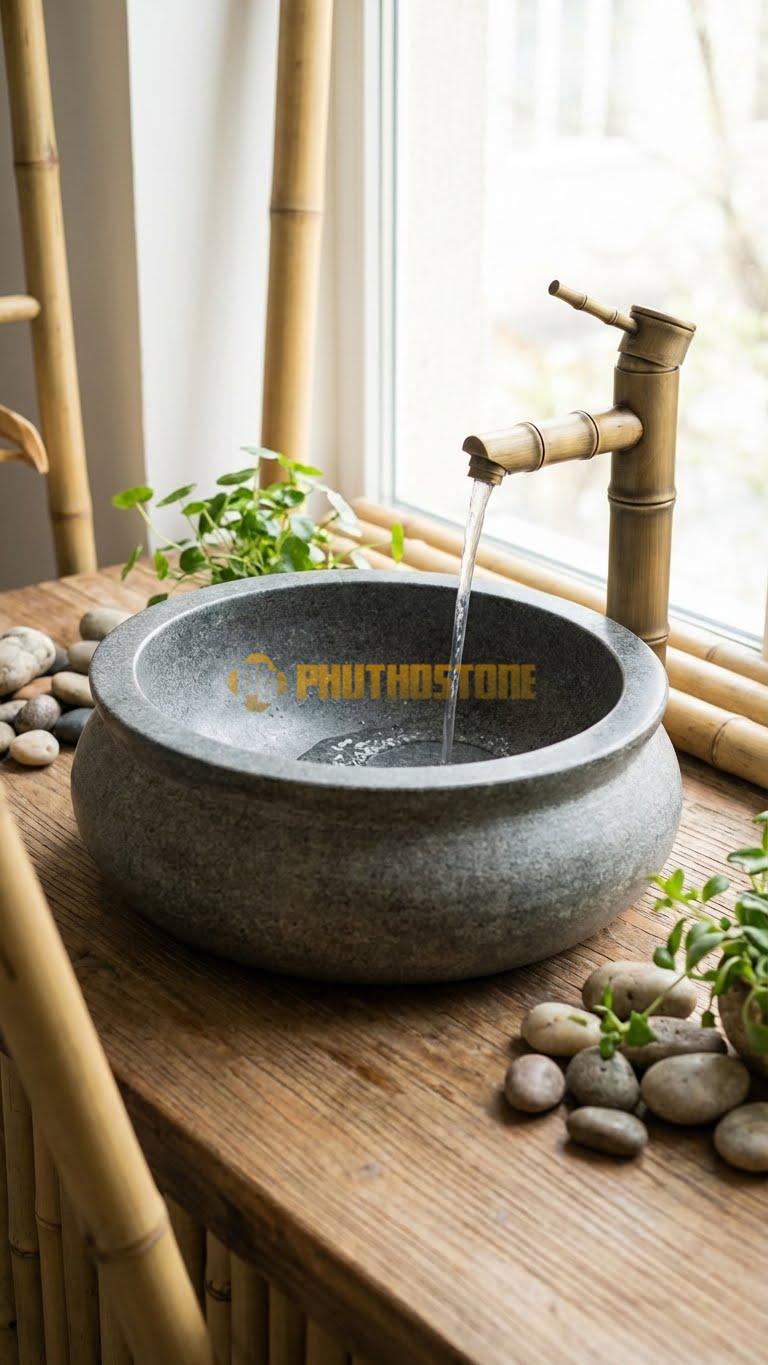 Chậu Rửa (Lavabo) Đá Granite Tròn Có Phào 41 Cao 14