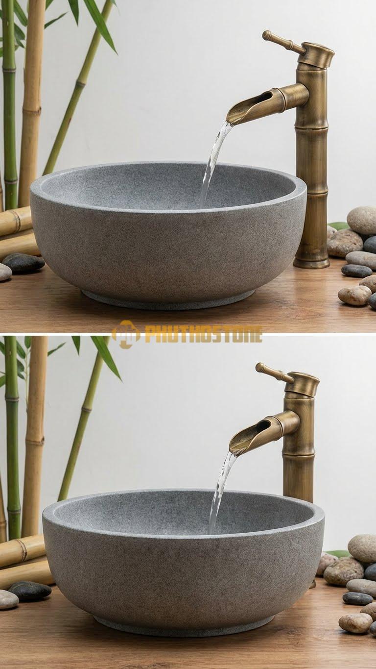 Chậu Rửa (Lavabo) Đá Granite Tròn Có Phào 41 Cao 14