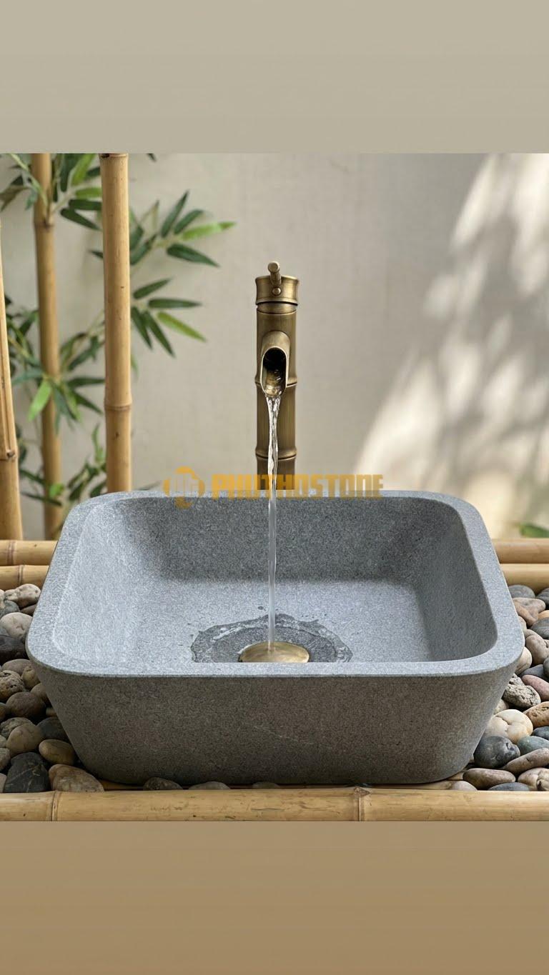 Chậu Rửa (Lavabo) Đá Granite Vuông Vát 44 cm x 44 cm x 14 cm