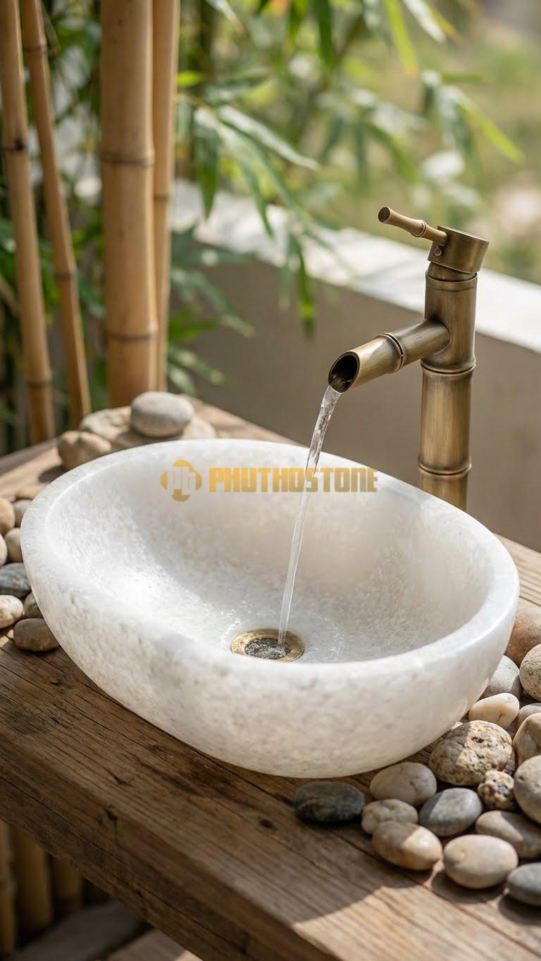 Chậu Rửa (Lavabo) Đá Trắng Muối Bầu Dục 52 cm x 41 cm x 16 cm