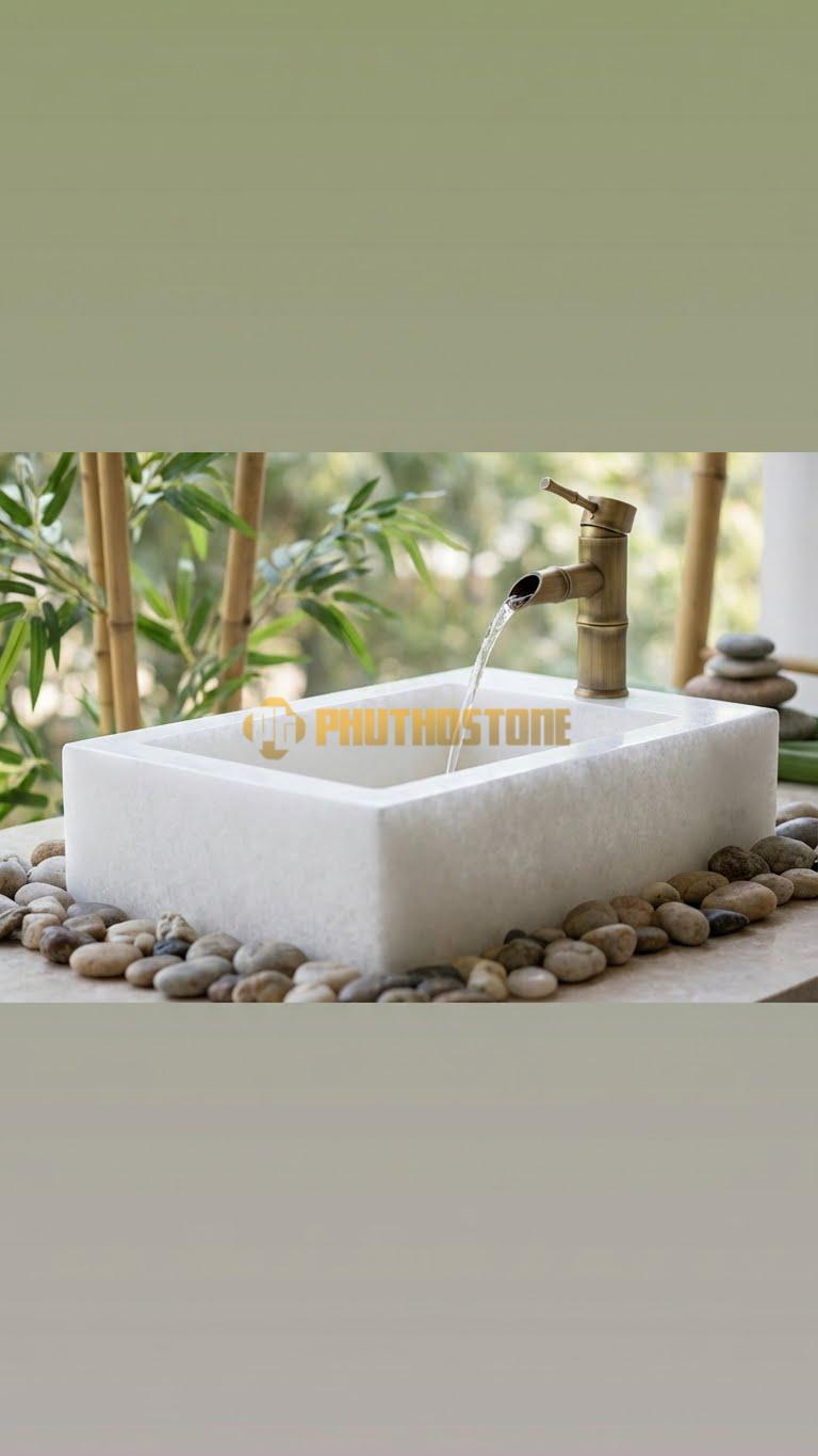 Chậu Rửa (Lavabo) Đá Trắng Muối Chữ Nhật 61 cm x 36 cm x 13cm
