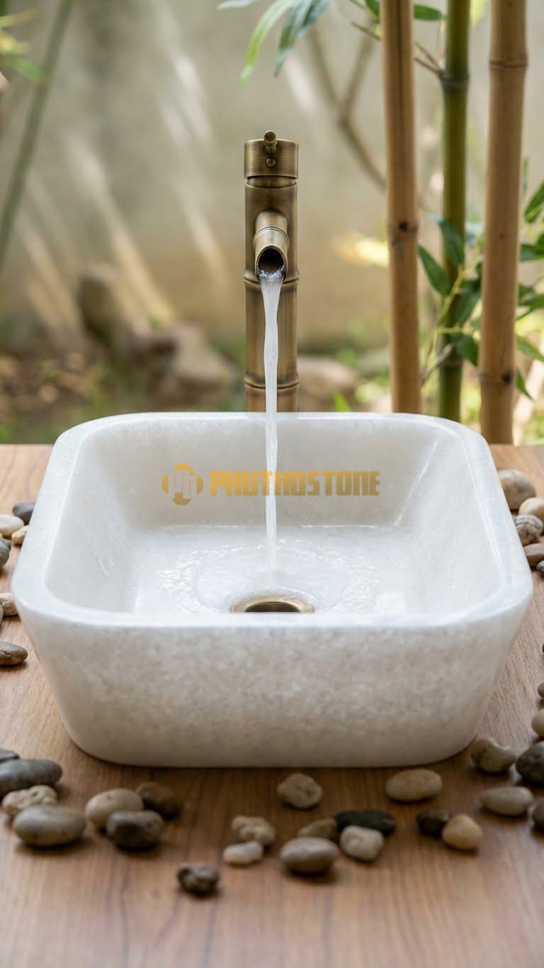 Chậu Rửa (Lavabo) Đá Trắng Muối Chữ Nhật Vát 58 cm x 38 cm x 11cm