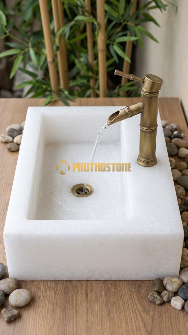 Chậu Rửa (Lavabo) Đá Trắng Muối Dài 39 x 25 Cao 12 Có Chỗ Đặt Trụ