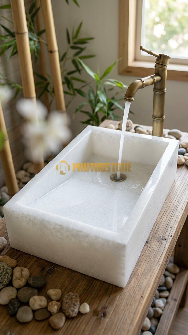 Chậu Rửa (Lavabo) Đá Trắng Muối Hình Thang 58X38X11cm