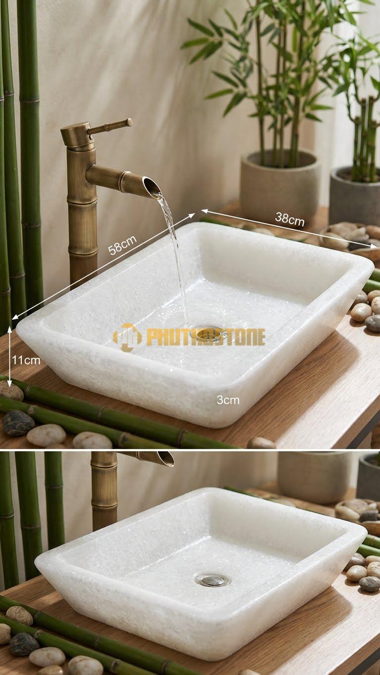 Chậu Rửa (Lavabo) Đá Trắng Muối Hình Thang Bo Viền 58X38X11cm