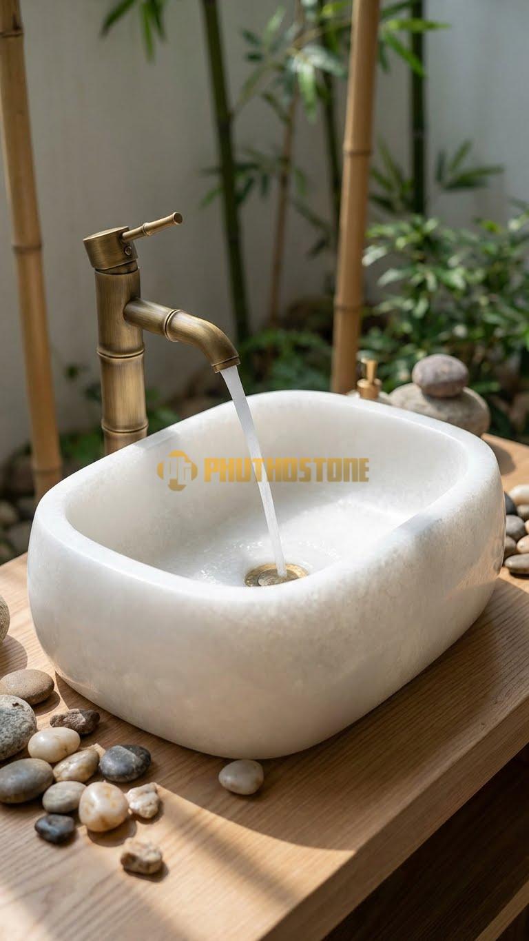 Chậu Rửa (Lavabo) Đá Trắng Muối Lavabo Chữ Nhật Cong Bụng 13cm