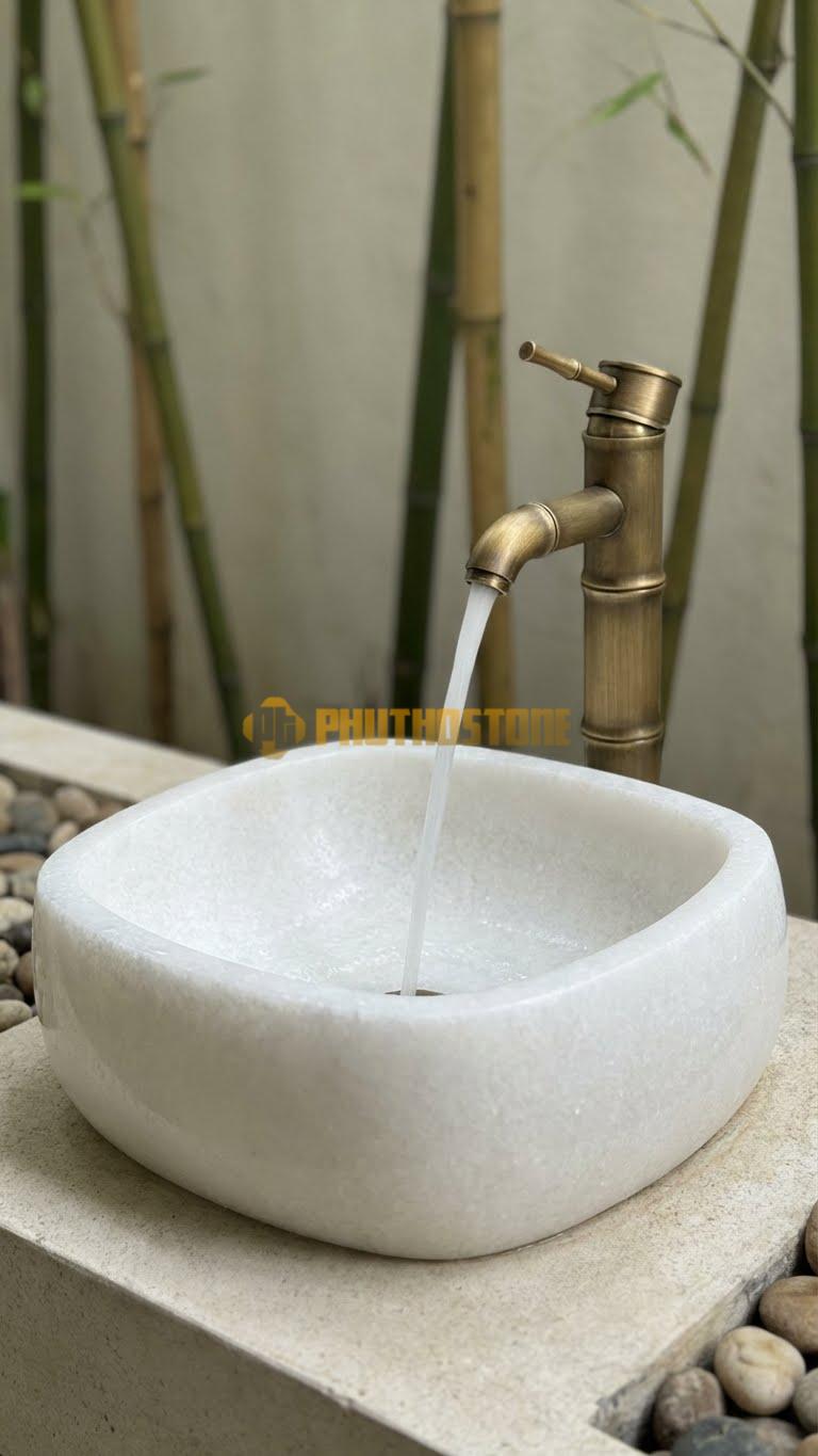 Chậu Rửa (Lavabo) Đá Trắng Muối Lavabo Đá Chữ Nhật Cong Cạnh