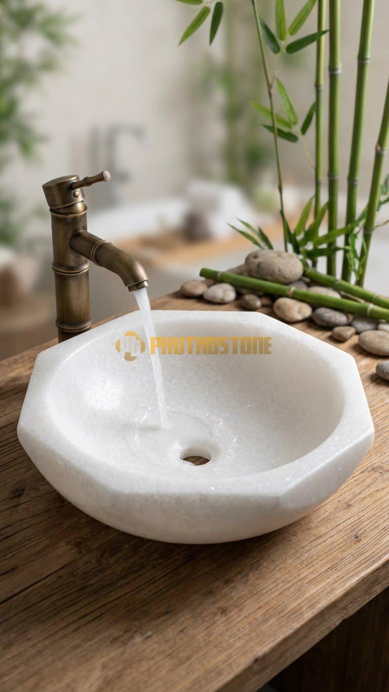 Chậu Rửa (Lavabo) Đá Trắng Muối Lavabo Đa Giác Bo Tròn Cao 12cm
