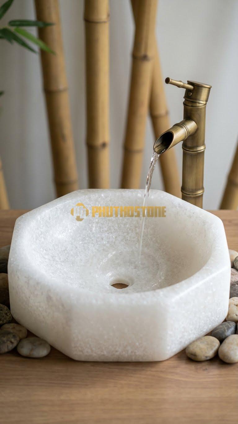 Chậu Rửa (Lavabo) Đá Trắng Muối Lavabo Đa Giác Bo Tròn Cao 12cm