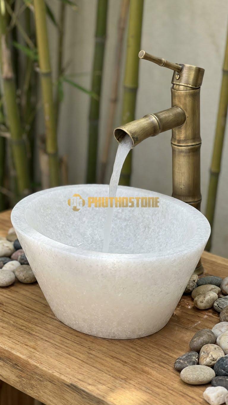 Chậu Rửa (Lavabo) Đá Trắng Muối Lavabo Đá Oval Lệch Tâm
