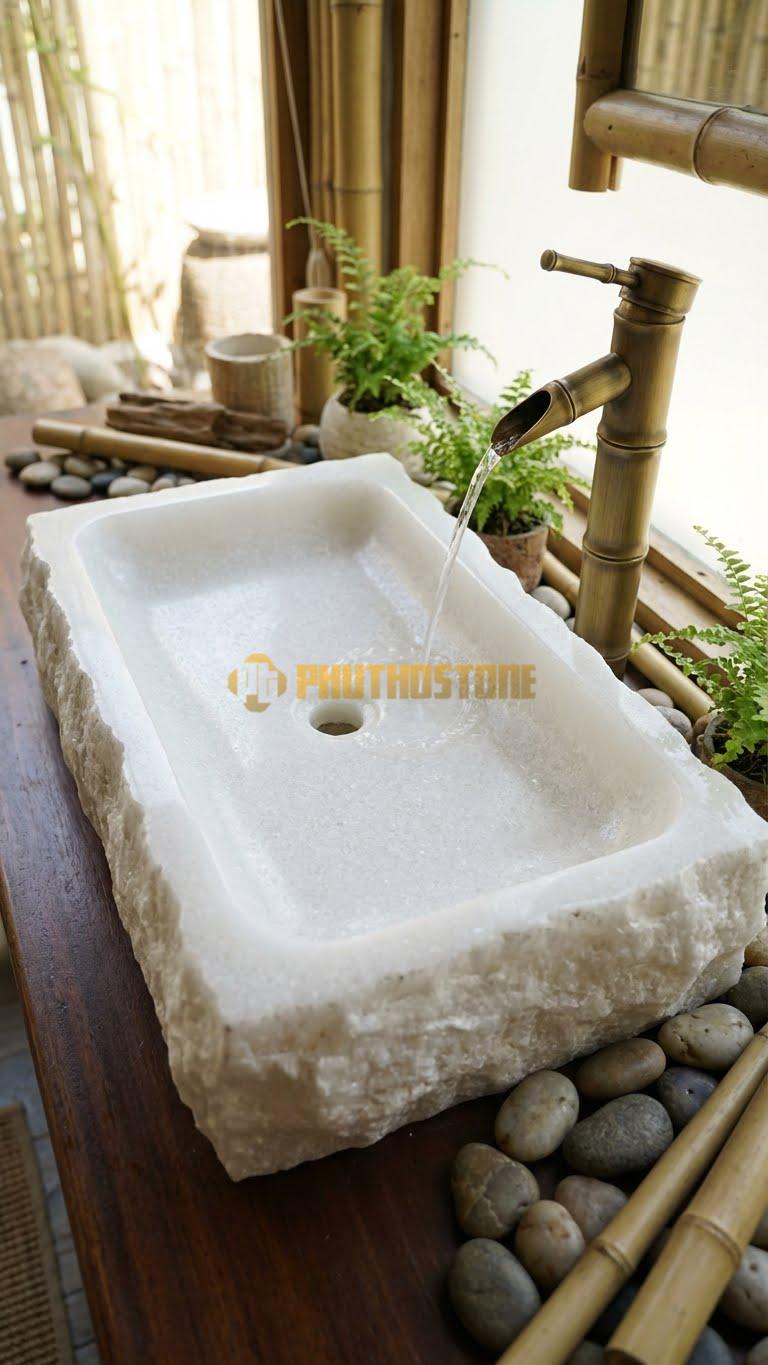 Chậu Rửa (Lavabo) Đá Trắng Muối Lavabo Đá Phiến Thô Bo Tự Nhiên