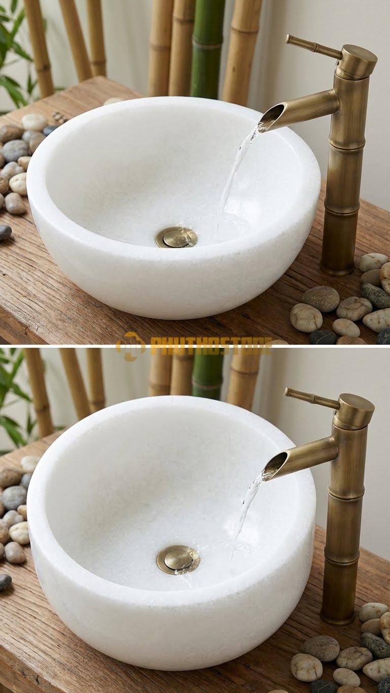 Chậu Rửa (Lavabo) Đá Trắng Muối Lavabo Hình Chữ D Cao 13cm
