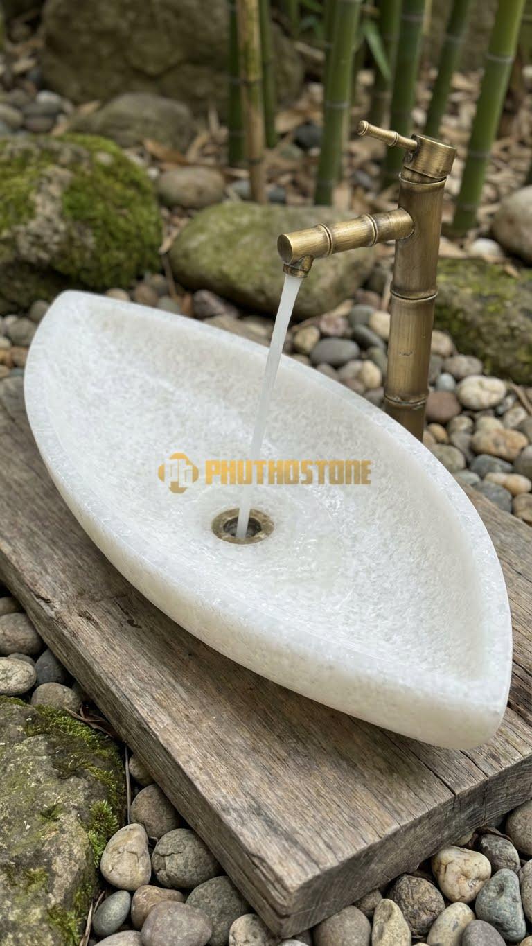 Chậu Rửa (Lavabo) Đá Trắng Muối Lavabo Hình Lá Tre Cách Điệu 12cm