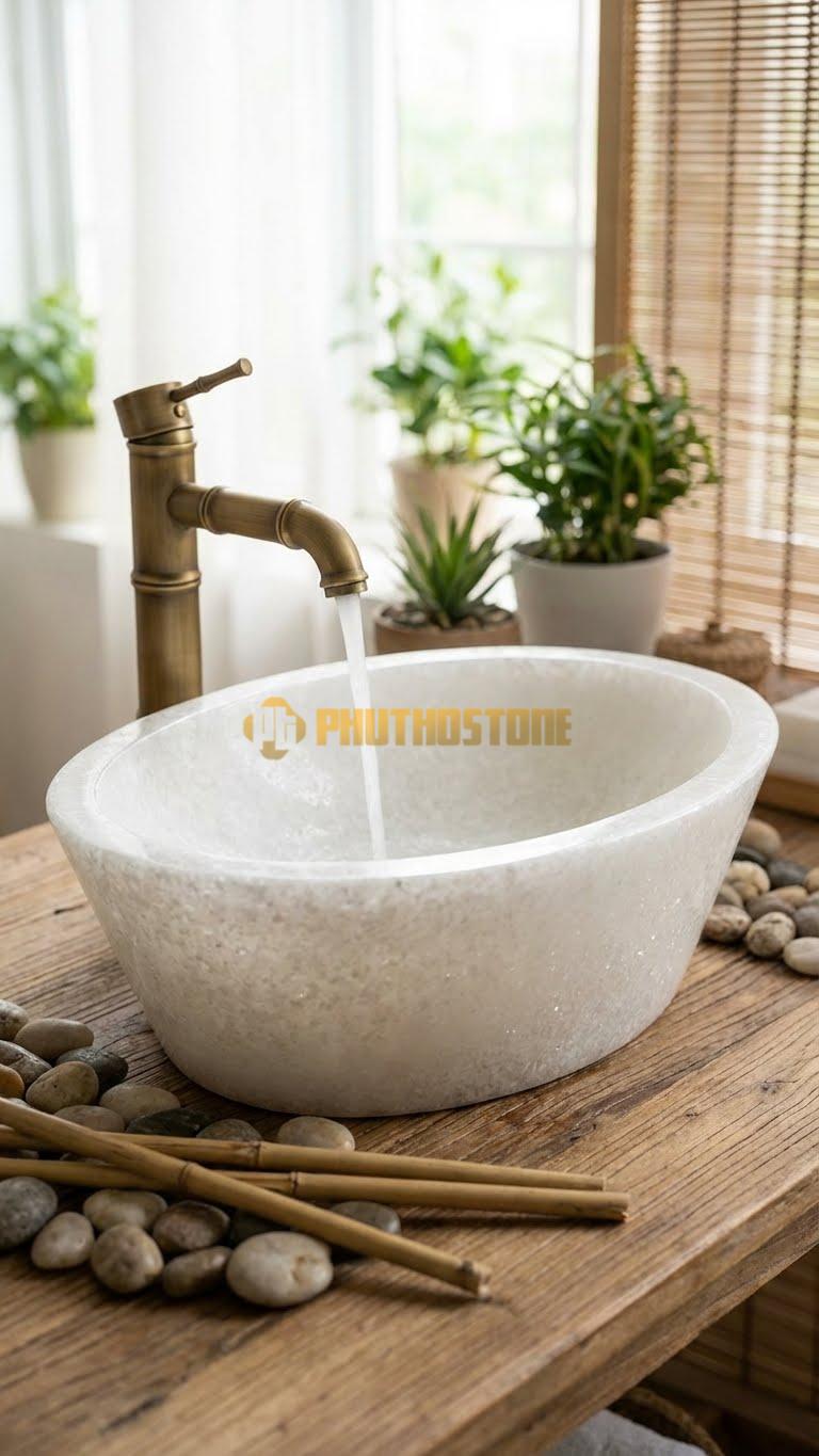 Chậu Rửa (Lavabo) Đá Trắng Muối Lavabo Oval Vát Đáy Phẳng Nhỏ 15cm